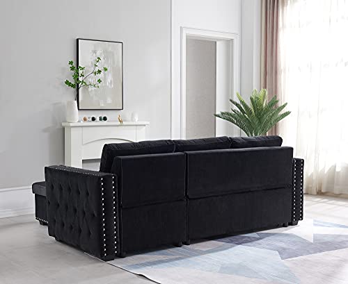 Tmosi Couch with Pull Out Bed, Sleeper Sectional L Shaped Velvet Sofa, 2 Seats Sofa with Reversible Storage Chaise, for Living Room Furniture Set (Black)