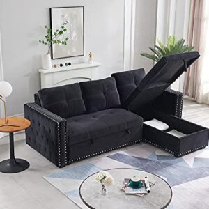 Tmosi Couch with Pull Out Bed, Sleeper Sectional L Shaped Velvet Sofa, 2 Seats Sofa with Reversible Storage Chaise, for Living Room Furniture Set (Black)