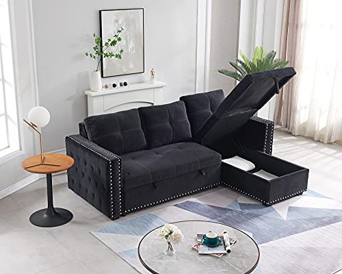 Tmosi Couch with Pull Out Bed, Sleeper Sectional L Shaped Velvet Sofa, 2 Seats Sofa with Reversible Storage Chaise, for Living Room Furniture Set (Black)