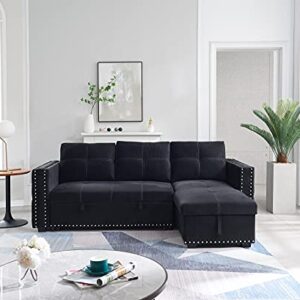 Tmosi Couch with Pull Out Bed, Sleeper Sectional L Shaped Velvet Sofa, 2 Seats Sofa with Reversible Storage Chaise, for Living Room Furniture Set (Black)