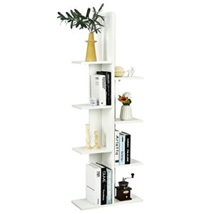 tangkula 8 shelf bookshelf, wooden tree bookcase with 8 book shelf, 20”l x 8”w x 55.5”h, freestanding 8 tier storage display shelf with anti-toppling, corner shelf for living room home office (white)