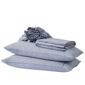 Berklan Linen Sheets King 100% French Natural Linen with Stone Washed 16 Inch Deep Pocket Organic Linen Sheets 200GSM Ultra Breathable(1 Flat 1 Fitted Sheet and 2 Pillowcases Blue King)