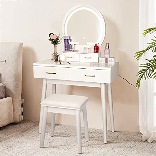 SMOOL Vanity Desk with Lighted Mirror - Vanity Table Makeup Vanity with Lights, 3 Color Lighting Modes Adjustable Brightness, 4 Drawers Makeup Table with Soft Cushioned Stool for Bedroom Studio, White