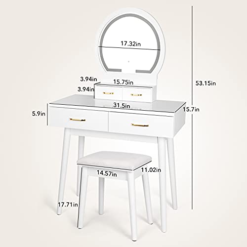 SMOOL Vanity Desk with Lighted Mirror - Vanity Table Makeup Vanity with Lights, 3 Color Lighting Modes Adjustable Brightness, 4 Drawers Makeup Table with Soft Cushioned Stool for Bedroom Studio, White