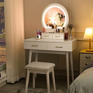 SMOOL Vanity Desk with Lighted Mirror - Vanity Table Makeup Vanity with Lights, 3 Color Lighting Modes Adjustable Brightness, 4 Drawers Makeup Table with Soft Cushioned Stool for Bedroom Studio, White