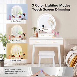 SMOOL Vanity Desk with Lighted Mirror - Vanity Table Makeup Vanity with Lights, 3 Color Lighting Modes Adjustable Brightness, 4 Drawers Makeup Table with Soft Cushioned Stool for Bedroom Studio, White