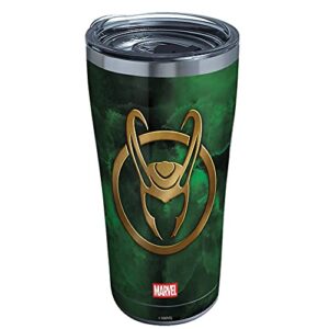 tervis marvel loki green crest triple walled insulated tumbler travel cup keeps drinks cold & hot, 20oz legacy, stainless steel