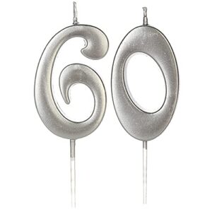 silver 60th birthday candles for cake, number 60 6 glitter candle party anniversary cakes decoration for kids women or men