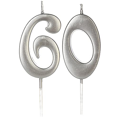 Silver 60th Birthday Candles for Cake, Number 60 6 Glitter Candle Party Anniversary Cakes Decoration for Kids Women or Men