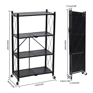 HealSmart 4-Tier Heavy Duty Foldable Metal Rack Storage Shelving Unit with Wheels Moving Easily Organizer Shelves Great for Garage Kitchen Holds up to 1000 lbs Capacity, Black