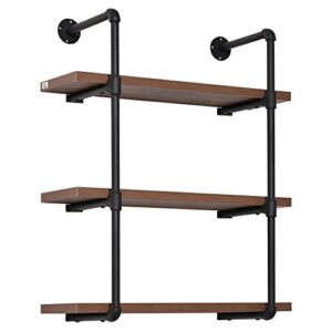 homcom 3-tier industrial pipe shelves floating wall mounted bookshelf, metal frame display rack, 1.25" thickness shelving unit for farmhouse, kitchen, bar, rustic brown