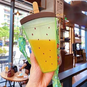 Yunqin plastic water bottle cute watermelon ice cream water bottle with straws anti-fall portable popsicle cup outdoor sports (Green)