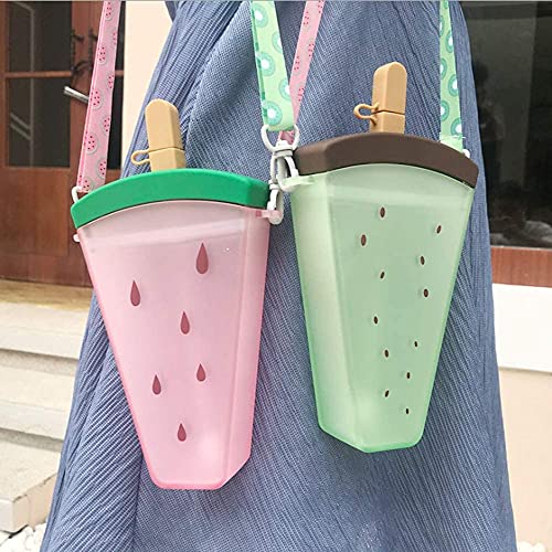 Yunqin plastic water bottle cute watermelon ice cream water bottle with straws anti-fall portable popsicle cup outdoor sports (Green)