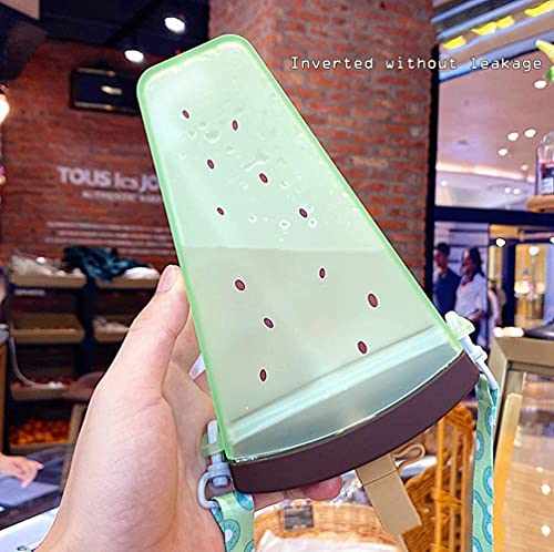 Yunqin plastic water bottle cute watermelon ice cream water bottle with straws anti-fall portable popsicle cup outdoor sports (Green)