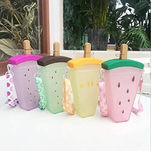 Yunqin plastic water bottle cute watermelon ice cream water bottle with straws anti-fall portable popsicle cup outdoor sports (Green)