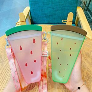 Yunqin plastic water bottle cute watermelon ice cream water bottle with straws anti-fall portable popsicle cup outdoor sports (Green)