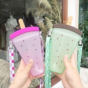 Yunqin plastic water bottle cute watermelon ice cream water bottle with straws anti-fall portable popsicle cup outdoor sports (Green)