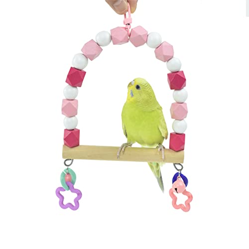 GUANLANT Bird Swing Perch, Birdcage Swing for Small Birds, Parrot Wood Stand Colorful Bead Swing with Bell, Hanging Bird Cage Toy, Parakeet Stand Climbing Toy for Lovebirds Conures Cockatiels Budgies