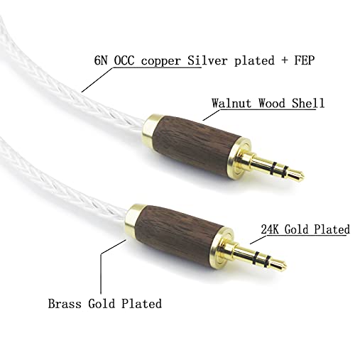 NewFantasia 3.5 mm Male to Male Stereo Audio Cable 8 Cores 6N OCC Copper Single Crystal Silver Plated Wire Walnut Wood Shell AUX Cord for Headphones Car Home Stereos Speaker Smartphone 1.5m/4.9ft