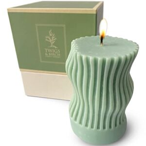 twigs & birch curvy pillar candle (1 pistachio green artisan hand made) | 100% natural unscented soy beeswax candles for gift | smokeless non-toxic air-purifying | canadian made, slow burning 4x3
