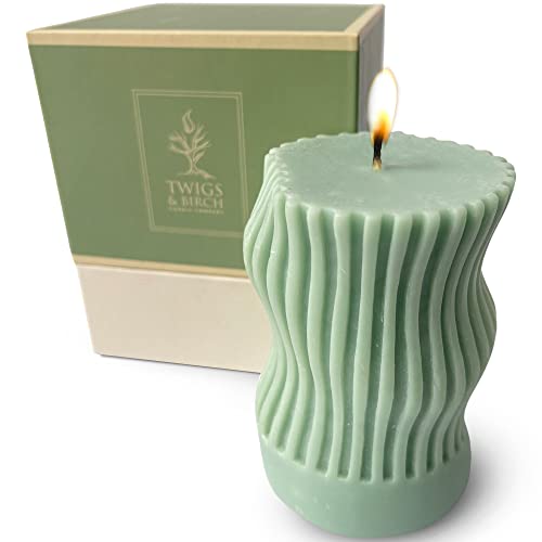 Twigs & Birch Curvy Pillar Candle (1 Pistachio Green Artisan Hand Made) | 100% Natural Unscented Soy Beeswax Candles for Gift | Smokeless Non-Toxic Air-Purifying | Canadian Made, Slow Burning 4x3