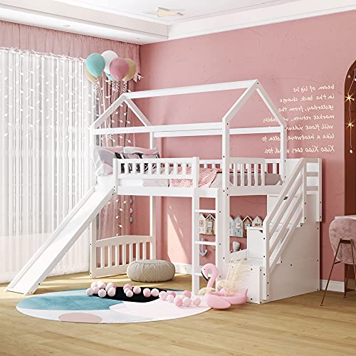 Merax Twin Loft Bed with Two Drawers and Slide, Wood House Bed with Roof and Guardrails for Boys & Girls (White)