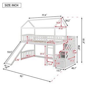 Merax Twin Loft Bed with Two Drawers and Slide, Wood House Bed with Roof and Guardrails for Boys & Girls (White)