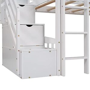 Merax Twin Loft Bed with Two Drawers and Slide, Wood House Bed with Roof and Guardrails for Boys & Girls (White)