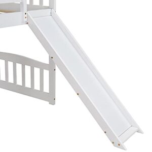 Merax Twin Loft Bed with Two Drawers and Slide, Wood House Bed with Roof and Guardrails for Boys & Girls (White)