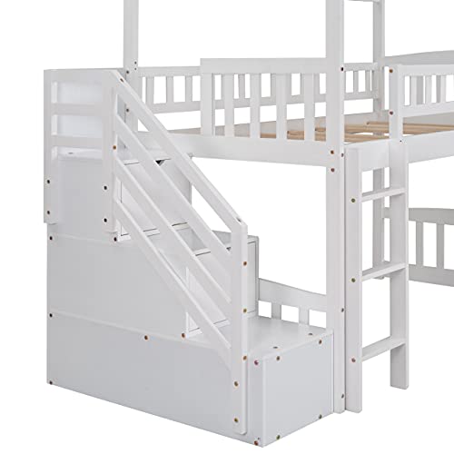 Merax Twin Loft Bed with Two Drawers and Slide, Wood House Bed with Roof and Guardrails for Boys & Girls (White)