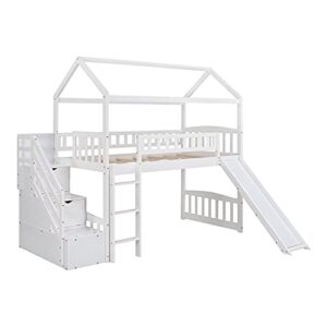 Merax Twin Loft Bed with Two Drawers and Slide, Wood House Bed with Roof and Guardrails for Boys & Girls (White)