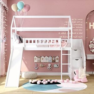 Merax Twin Loft Bed with Two Drawers and Slide, Wood House Bed with Roof and Guardrails for Boys & Girls (White)