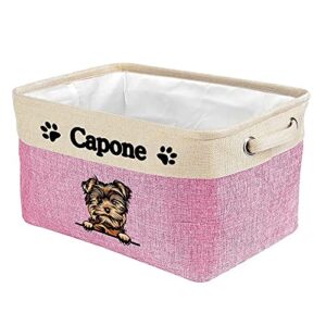 MALIHONG Personalized Foldable Storage Basket with Cute Dog Yorkie Collapsible Sturdy Fabric Pet Toys Storage Bin Cube with Handles for Organizing Shelf Home Closet, Pink and White