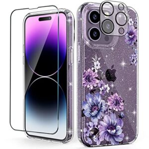 okp (3 in 1 for iphone 14 pro max case flower, with screen protector/camera lens protector cute floral pattern clear glitter sparkly bling slim hard back cover 6.7" for women girls, purple floral