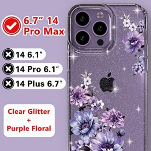 OKP (3 in 1 for iPhone 14 Pro Max Case Flower, with Screen Protector/Camera Lens Protector Cute Floral Pattern Clear Glitter Sparkly Bling Slim Hard Back Cover 6.7" for Women Girls, Purple Floral