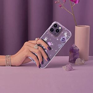 OKP (3 in 1 for iPhone 14 Pro Max Case Flower, with Screen Protector/Camera Lens Protector Cute Floral Pattern Clear Glitter Sparkly Bling Slim Hard Back Cover 6.7" for Women Girls, Purple Floral