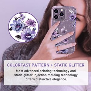 OKP (3 in 1 for iPhone 14 Pro Max Case Flower, with Screen Protector/Camera Lens Protector Cute Floral Pattern Clear Glitter Sparkly Bling Slim Hard Back Cover 6.7" for Women Girls, Purple Floral