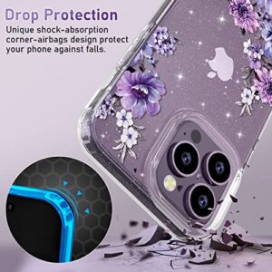 OKP (3 in 1 for iPhone 14 Pro Max Case Flower, with Screen Protector/Camera Lens Protector Cute Floral Pattern Clear Glitter Sparkly Bling Slim Hard Back Cover 6.7" for Women Girls, Purple Floral