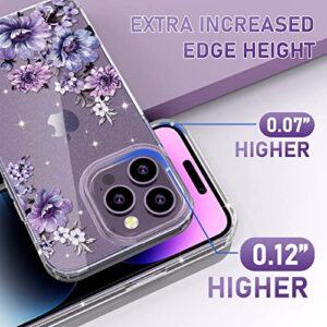 OKP (3 in 1 for iPhone 14 Pro Max Case Flower, with Screen Protector/Camera Lens Protector Cute Floral Pattern Clear Glitter Sparkly Bling Slim Hard Back Cover 6.7" for Women Girls, Purple Floral