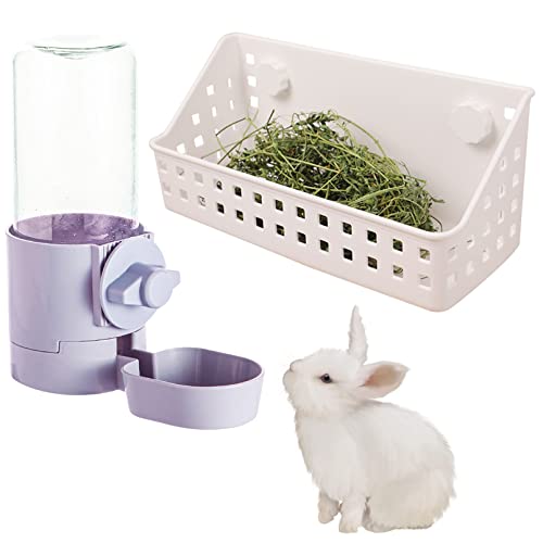 Hamiledyi Rabbit Hay Feeder,Bunny Water Fountain Automatic Guinea Pigs Hay Food Feeder Bowls Manger Rack 17oz Hanging Gravity Drinking Feeder for Ferrets Chinchillas (Purple)