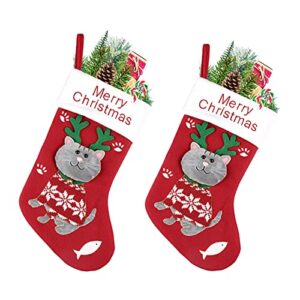 EPHVODI 2 Pack Large Christmas Stocking, 15" 3D Cat with Bell Christmas Cuff Stocking Fireplace Decorations for Family Holiday Season Party Decor