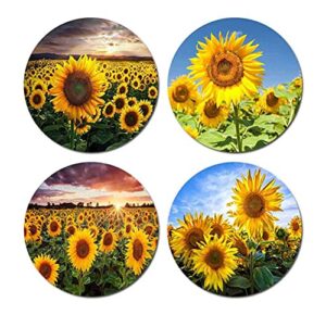blooming sunny sunflower round coaster set of drink- made of polyester fabric and recycled rubber coaster set - set of 4