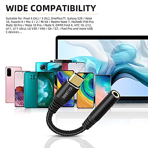 GLUBEE USB C to 3.5mm Audio Adapter, Android Headphone Jack Adapter, Android Aux Adapter, USB C to Audio Braided Nylon Cable DAC Adapter, Compatible with Most USB-C Smart Phones