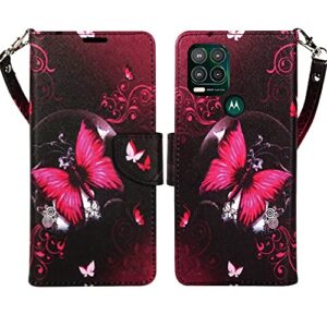zase moto g stylus 5g wallet phone case for women pouch pu leather flip folio cute design cover w/kickstand id card slot wrist strap compatible with motorola g stylus 5g (hot pink butterfly)