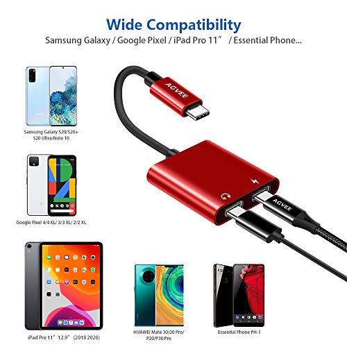 AGVEE S21 S20 Dual USB-C Headphones & Charging Adapter, Duo Type-C Audio Earbuds & PD Charger Splitter, USBC Earphone Jack Dongle for Samsung S21 S20, Note 20 10, iPad Pro, Pixel 2 3 4 5 XL, Red