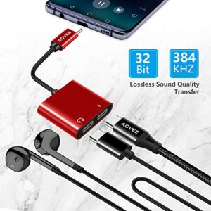 AGVEE S21 S20 Dual USB-C Headphones & Charging Adapter, Duo Type-C Audio Earbuds & PD Charger Splitter, USBC Earphone Jack Dongle for Samsung S21 S20, Note 20 10, iPad Pro, Pixel 2 3 4 5 XL, Red