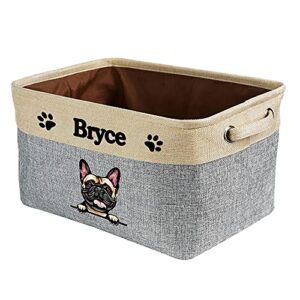 malihong personalized foldable storage basket with cute dog french bulldog collapsible sturdy fabric pet toys storage bin cube with handles for organizing shelf home closet, grey and white