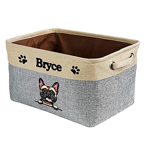 MALIHONG Personalized Foldable Storage Basket with Cute Dog French Bulldog Collapsible Sturdy Fabric Pet Toys Storage Bin Cube with Handles for Organizing Shelf Home Closet, Grey and White