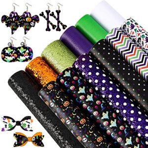 whaline halloween faux leather sheets 8 x 12 inch pumpkin ghost dots synthetic leather fabric glittery black orange green faux leather for halloween diy craft earring hair bow, 12 sheet