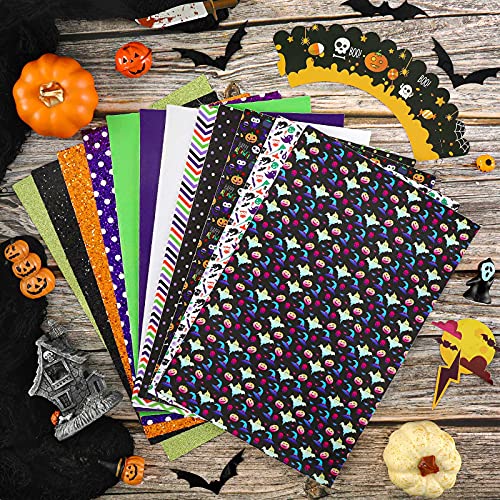 Whaline Halloween Faux Leather Sheets 8 x 12 Inch Pumpkin Ghost Dots Synthetic Leather Fabric Glittery Black Orange Green Faux Leather for Halloween DIY Craft Earring Hair Bow, 12 Sheet